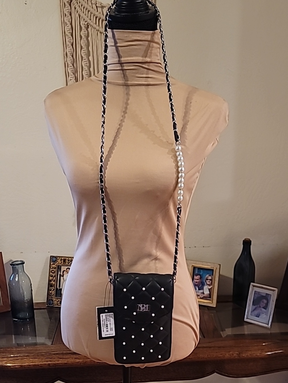 Badgley Mischka  Quilted Pearl-Accent Crossbody Phone Bag - Black